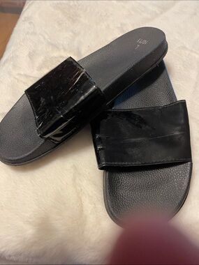 Black Patent Slide Sandals